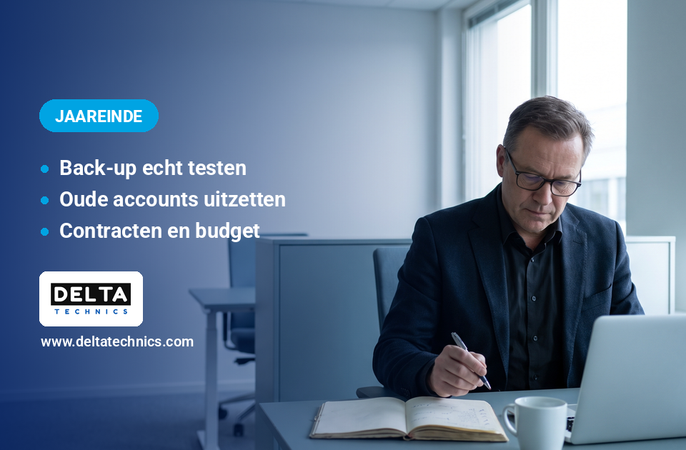 IT-checklist voor het jaareinde: zaakvoerder overloopt de IT-punten aan zijn bureau