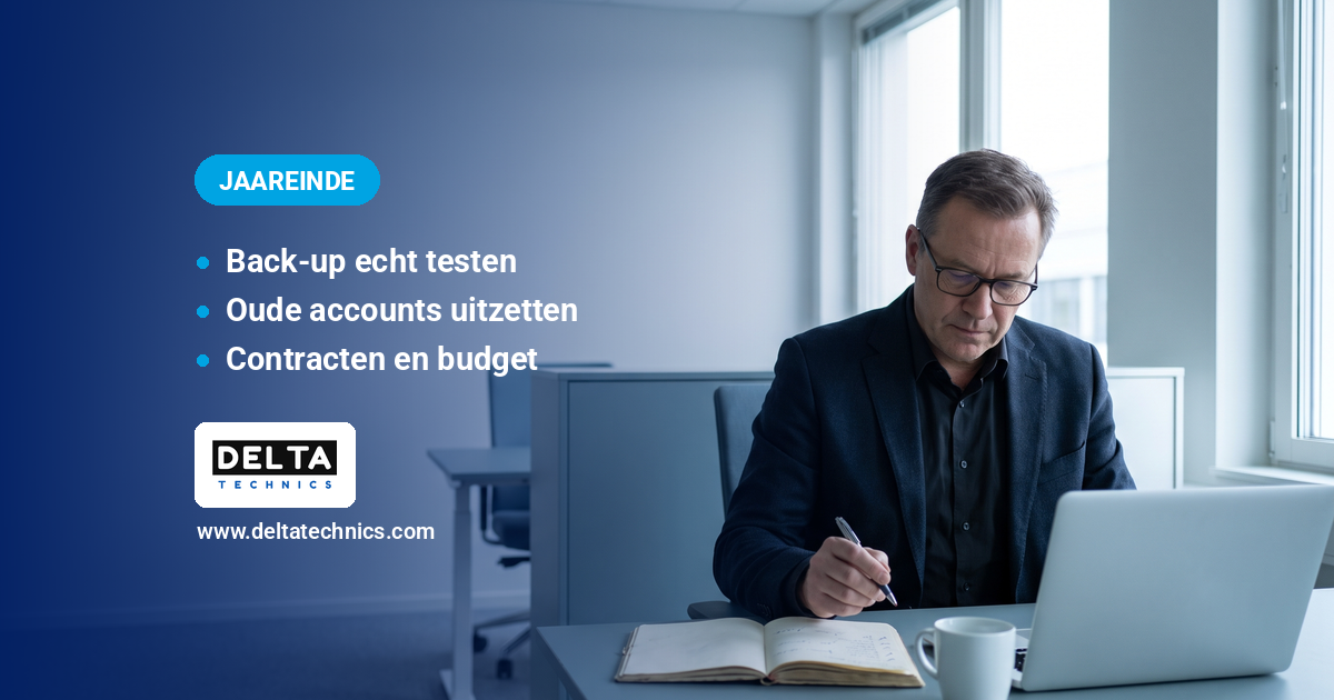 IT-checklist voor het jaareinde: zaakvoerder overloopt de IT-punten aan zijn bureau